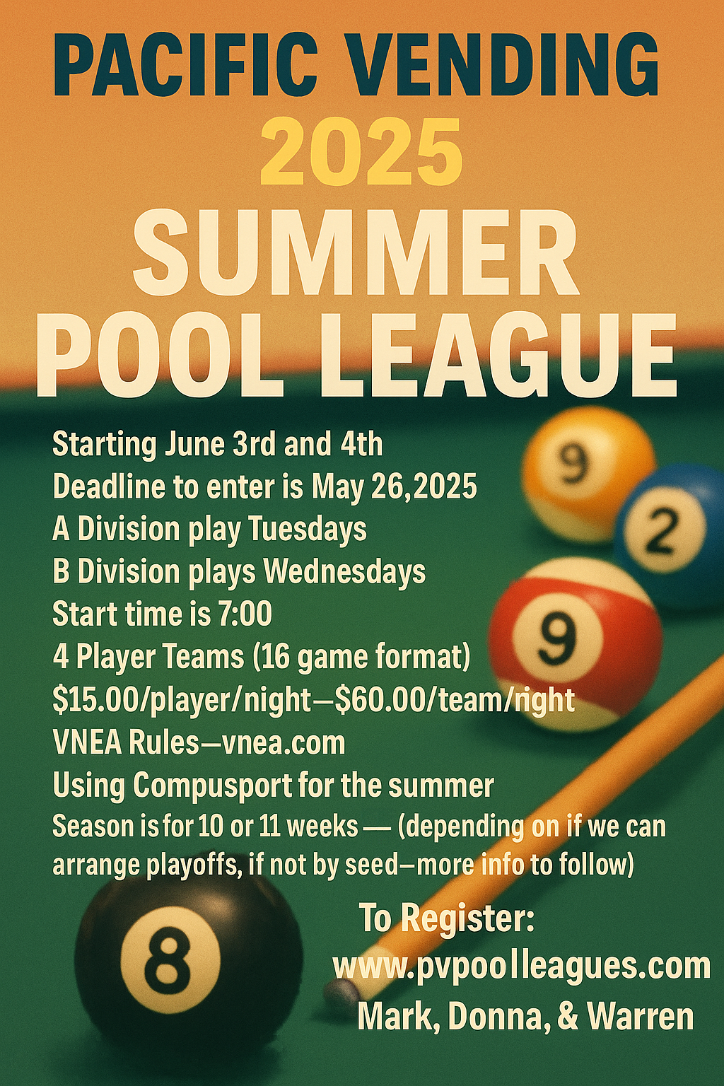 Summer Pool League 2025 information poster